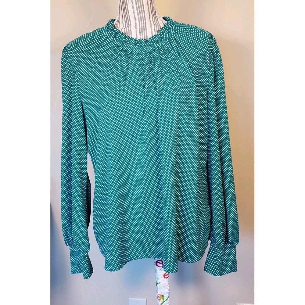 Andrianna Papell‎ Longsleeve Green Polka Dot High Ruffle Neck Top Sz L
